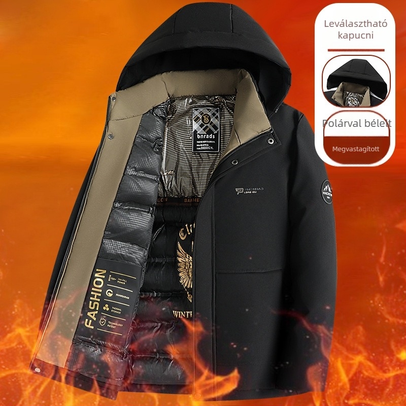 Üzleti férfiaknak készült pamut-töltéses parka kabát, kapucnis, egyszerű gombos záródás, laza szabás, téli 2024.