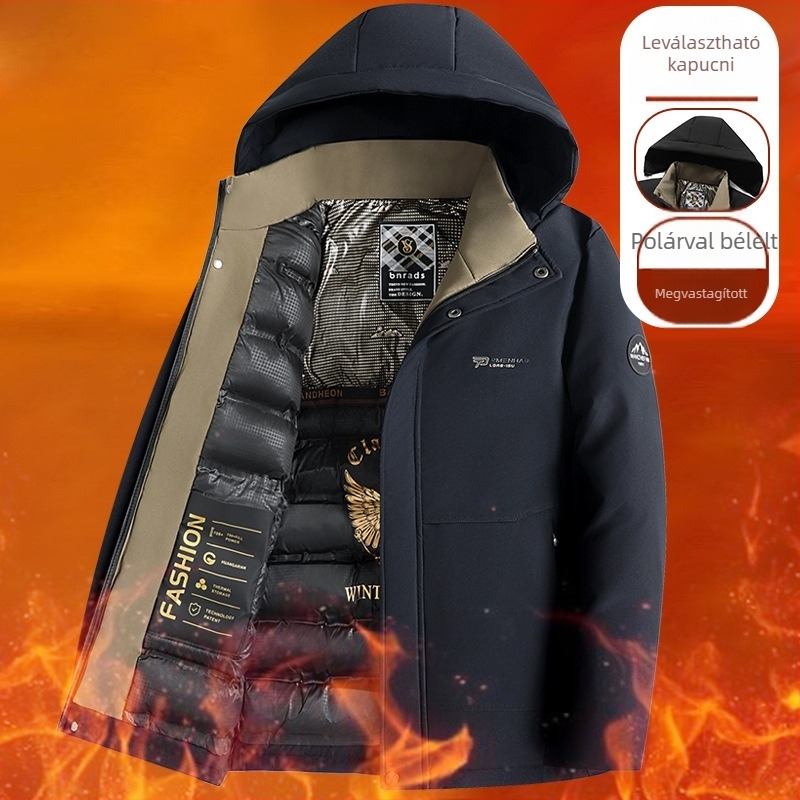 Üzleti férfiaknak készült pamut-töltéses parka kabát, kapucnis, egyszerű gombos záródás, laza szabás, téli 2024.