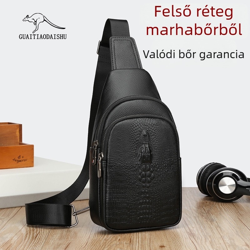 Férfi mellkas-táska valódi bőrből, casual stílus, lélegző, kopásálló és vágásvédett, szabadidős utazáshoz, Guaitiaodaishu
