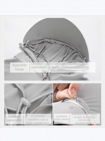 Kültéri kabát leválasztható kapucnival, UV-védelem, légáteresztő ice silk anyag, 93% poliészter, 7% spandex, elöl cipzár és zsebek cipzárral
