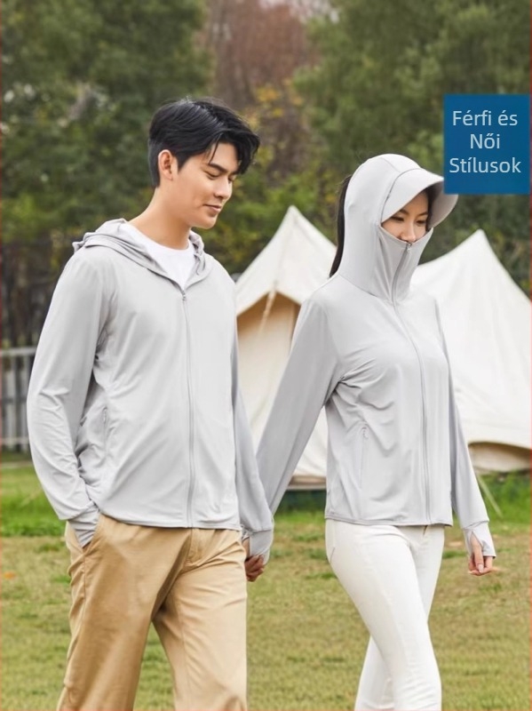 Kültéri kabát leválasztható kapucnival, UV-védelem, légáteresztő ice silk anyag, 93% poliészter, 7% spandex, elöl cipzár és zsebek cipzárral