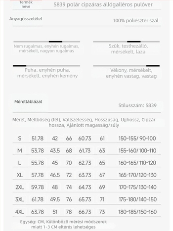 S839 Őszi–téli kültéri uniszex polárdzseki meleg béléssel, vastag