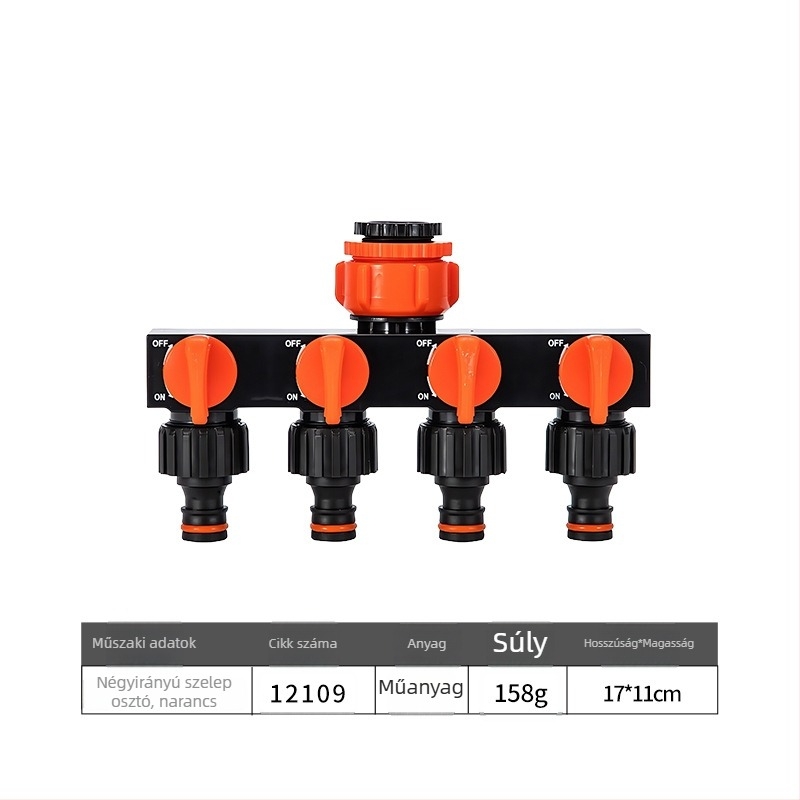 Négyutas víz elosztó szeleppel és gyorscsatlakozóval, bemenet 1, kimenet 4, mezőgazdasági öntözéshez