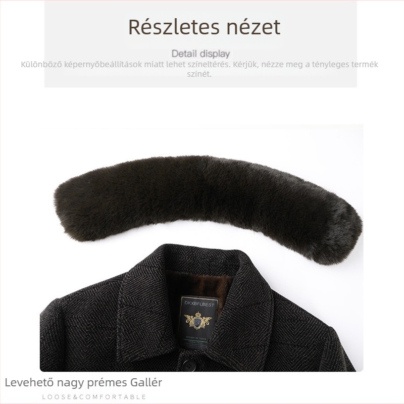 Férfiaknak készült vastag bélelt polárkabát középhosszú, szőrme gallérral, kapucnival