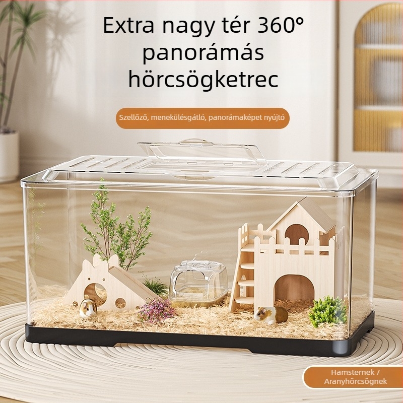 Hamsterketrec — téglalap alakú műanyag ketrec, szellőző, hordozható, könnyen tisztítható.