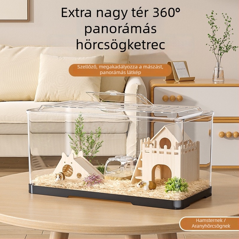 Hamsterketrec — téglalap alakú műanyag ketrec, szellőző, hordozható, könnyen tisztítható.