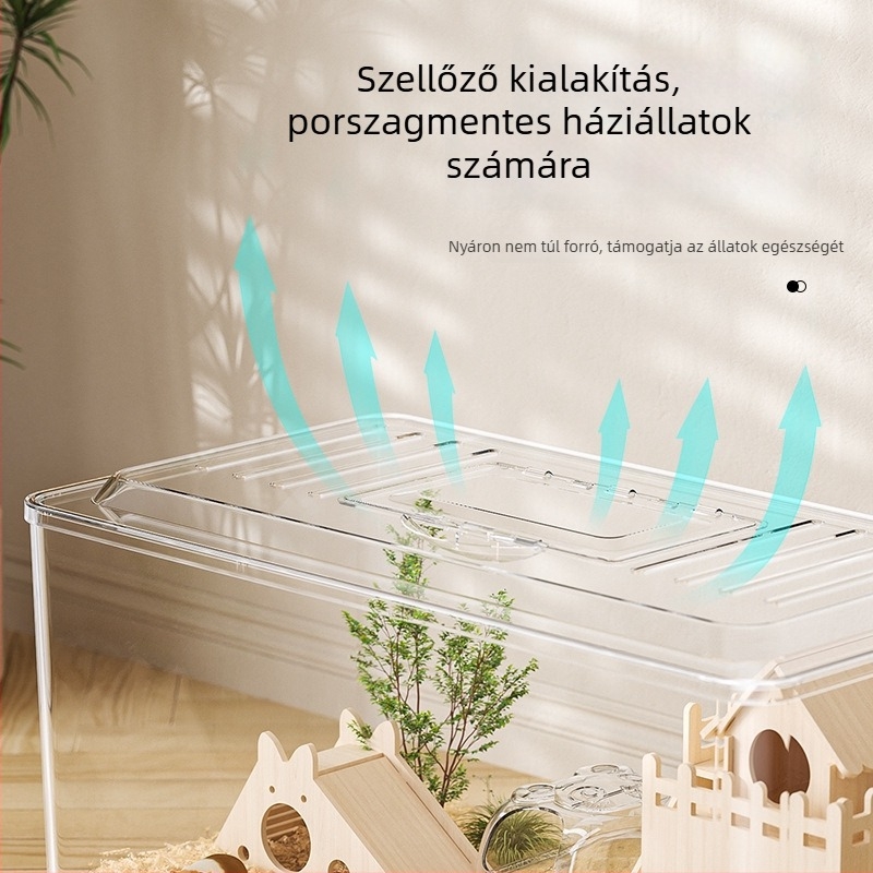 Hamsterketrec — téglalap alakú műanyag ketrec, szellőző, hordozható, könnyen tisztítható.