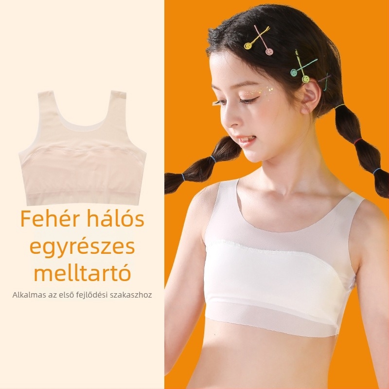 Lányok edzőmelltartója 9–13 éveseknek, nylon anyagból, spandex bélés, teljes kosár, ultra vékony formázott kosár, fix dupla vállpántok, légáteresztő és kényelmes.