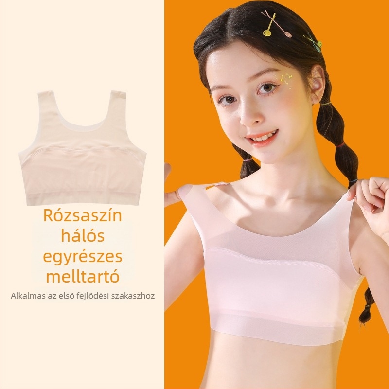 Lányok edzőmelltartója 9–13 éveseknek, nylon anyagból, spandex bélés, teljes kosár, ultra vékony formázott kosár, fix dupla vállpántok, légáteresztő és kényelmes.