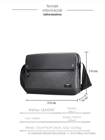 Férfi crossbody táska Oxford anyagból, városi minimalist stílus, vízlepergető és kopásálló, egyszínű dizájn, poliészter bélés