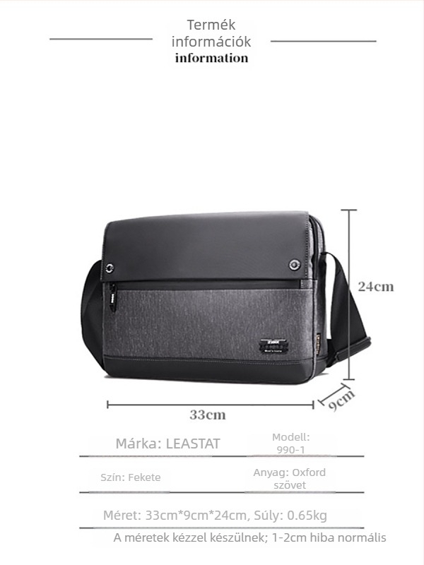 Férfi crossbody táska Oxford anyagból, városi minimalist stílus, vízlepergető és kopásálló, egyszínű dizájn, poliészter bélés