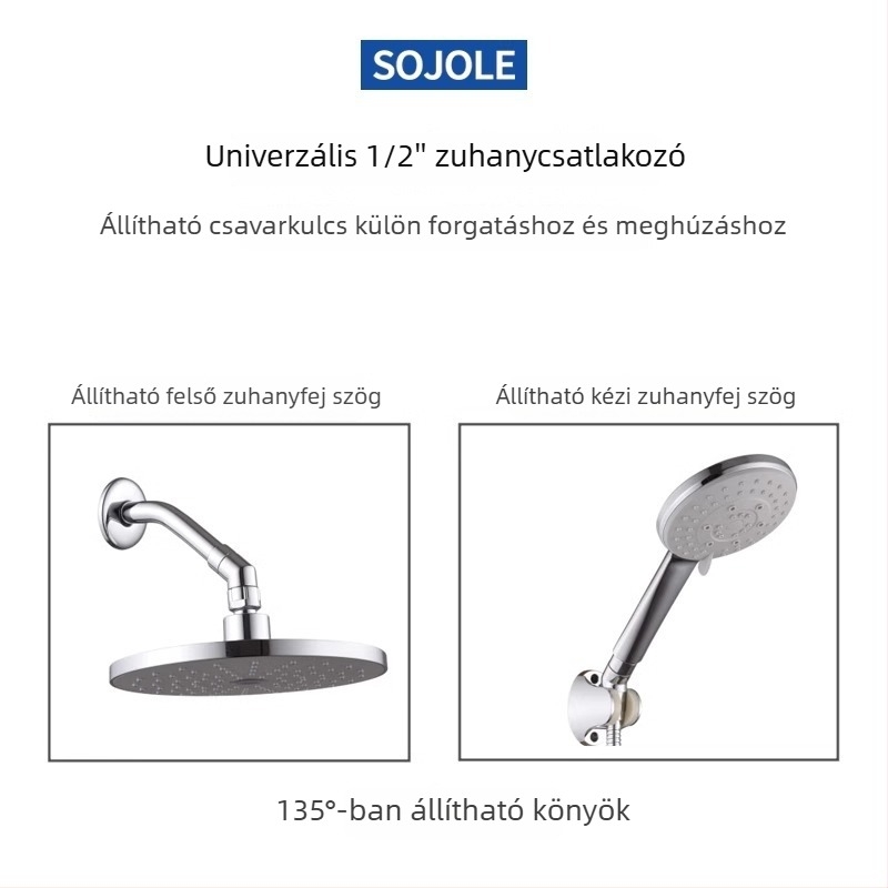 Zuhanyszög-állító adapter, 135° könyök, cinkötvözet, elektroplakálás, forgó csatlakozás, hőmérséklet-szabályozás
