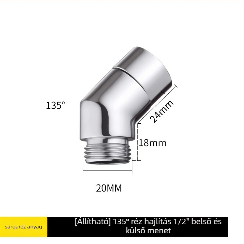 Zuhanyszög-állító adapter, 135° könyök, cinkötvözet, elektroplakálás, forgó csatlakozás, hőmérséklet-szabályozás