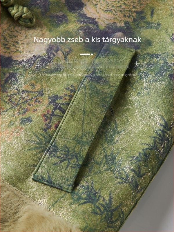 Idős nőknek készült külső ruházat, kétoldalas műszőr és bőrrel integrált, középhosszú 65–80 cm, virágos mintázat, 95% poliészter, elegáns stílus
