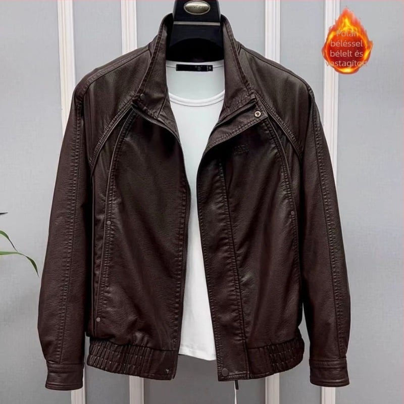 Férfi valódi báránybőr bőrdzseki, álló gallér, cipzáras zárás, pamut bélés, tavasz 2025