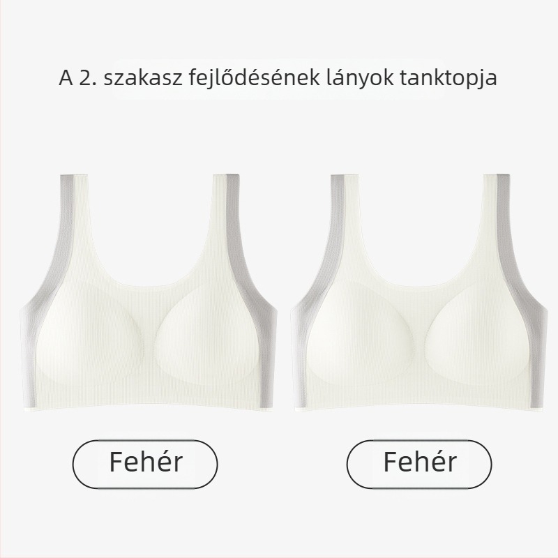 Lányoknak tervezett mellény-stílusú melltartó, nylonból, teljes kosár, vékony formázott kosár habbetéttel, rögzített dupla vállpántok, 12–15 éveseknek