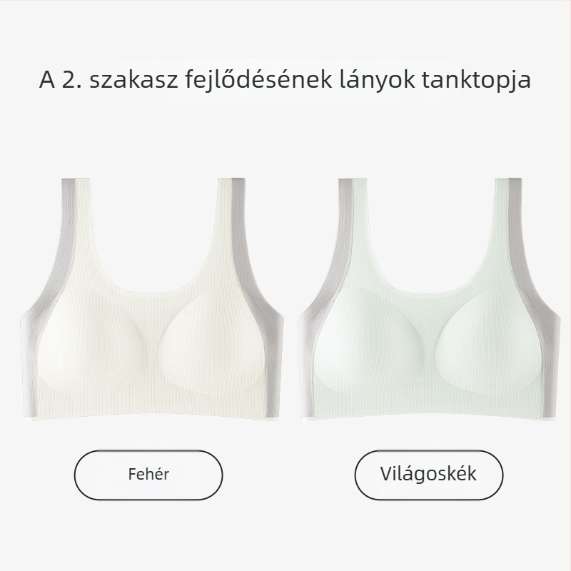 Lányoknak tervezett mellény-stílusú melltartó, nylonból, teljes kosár, vékony formázott kosár habbetéttel, rögzített dupla vállpántok, 12–15 éveseknek