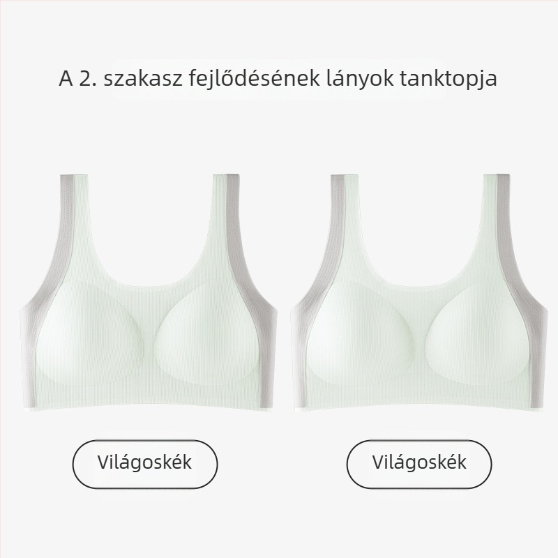 Lányoknak tervezett mellény-stílusú melltartó, nylonból, teljes kosár, vékony formázott kosár habbetéttel, rögzített dupla vállpántok, 12–15 éveseknek