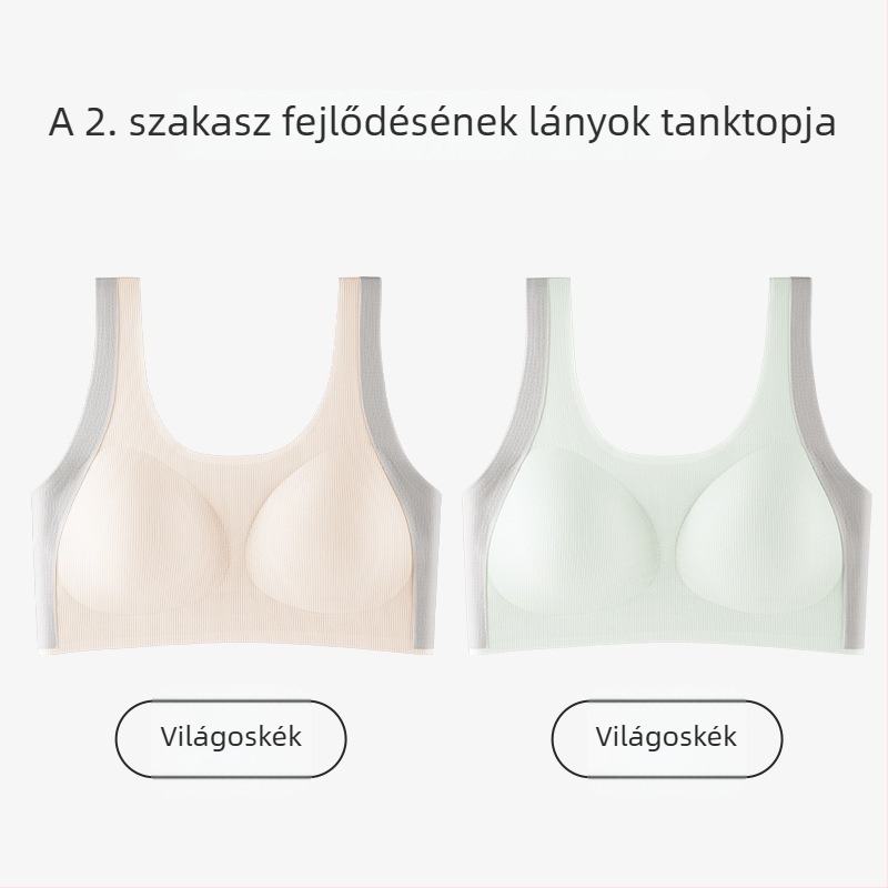 Lányoknak tervezett mellény-stílusú melltartó, nylonból, teljes kosár, vékony formázott kosár habbetéttel, rögzített dupla vállpántok, 12–15 éveseknek