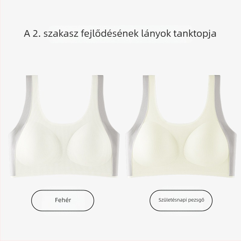 Lányoknak tervezett mellény-stílusú melltartó, nylonból, teljes kosár, vékony formázott kosár habbetéttel, rögzített dupla vállpántok, 12–15 éveseknek