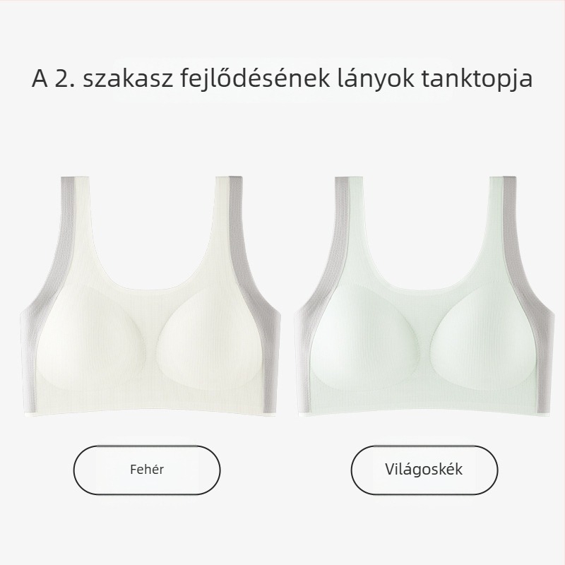 Lányoknak tervezett mellény-stílusú melltartó, nylonból, teljes kosár, vékony formázott kosár habbetéttel, rögzített dupla vállpántok, 12–15 éveseknek