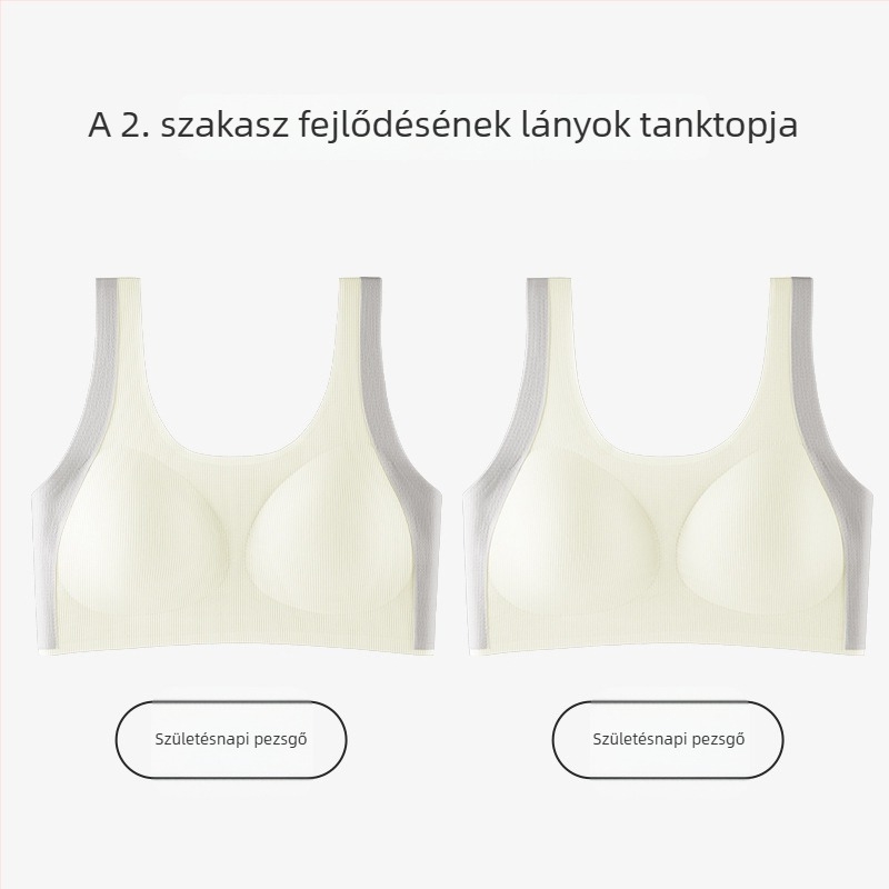 Lányoknak tervezett mellény-stílusú melltartó, nylonból, teljes kosár, vékony formázott kosár habbetéttel, rögzített dupla vállpántok, 12–15 éveseknek