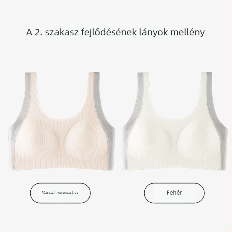 Lányoknak tervezett mellény-stílusú melltartó, nylonból, teljes kosár, vékony formázott kosár habbetéttel, rögzített dupla vállpántok, 12–15 éveseknek