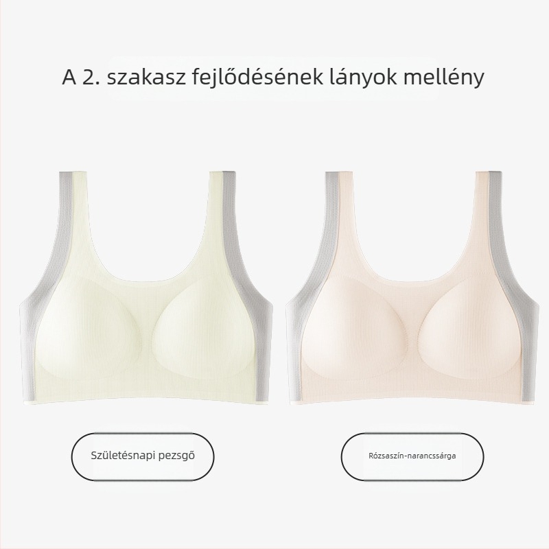 Lányoknak tervezett mellény-stílusú melltartó, nylonból, teljes kosár, vékony formázott kosár habbetéttel, rögzített dupla vállpántok, 12–15 éveseknek