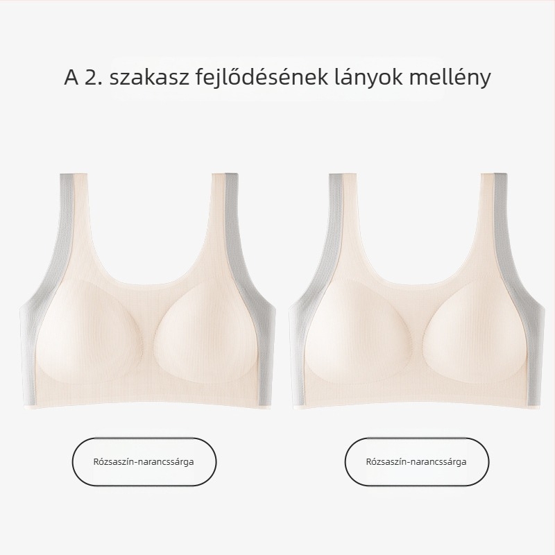 Lányoknak tervezett mellény-stílusú melltartó, nylonból, teljes kosár, vékony formázott kosár habbetéttel, rögzített dupla vállpántok, 12–15 éveseknek