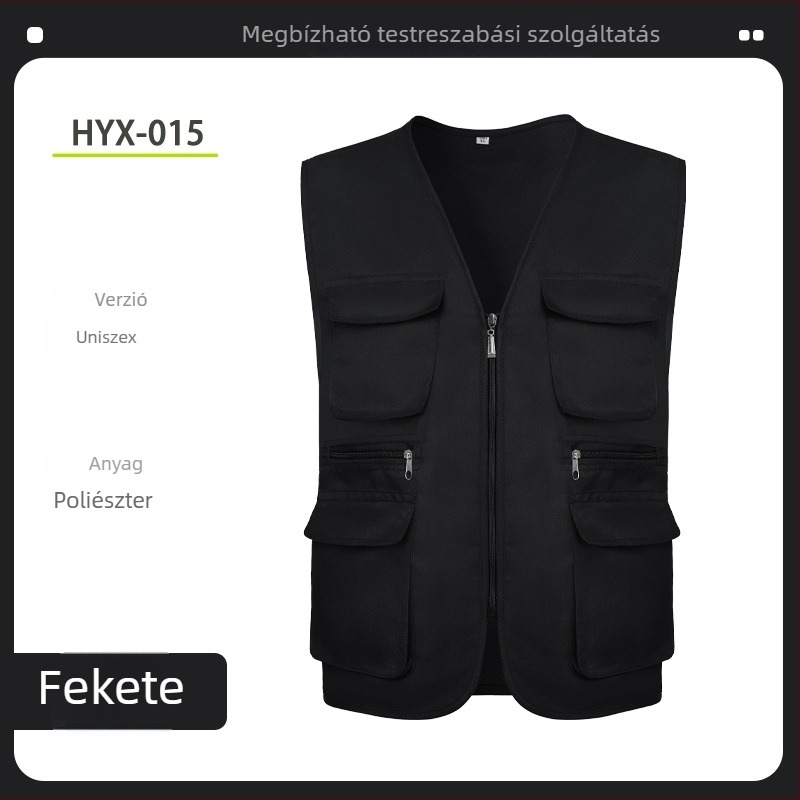 Fényképész mellény - Személyre szabott munkaruha, cipzáras zárás, 100% poliészter, laza szabás, egyszínű, logó nyomtatás