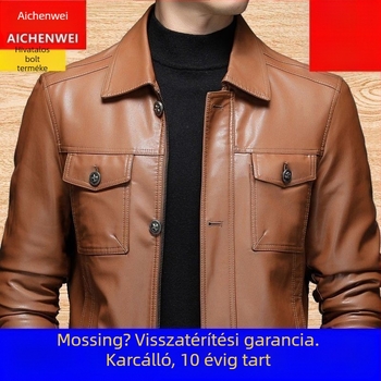 Férfi PU bőrből készült kabát, koreai stílus, karcsúsított szabás, rever gallér, egysoros gombolás, oldalzsebek