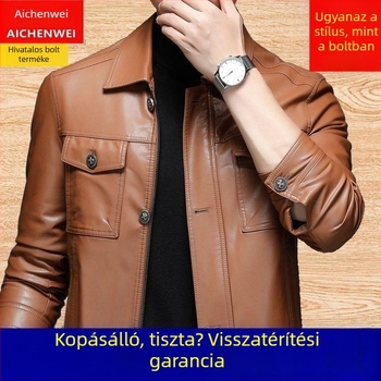 Férfi PU bőrből készült kabát, koreai stílus, karcsúsított szabás, rever gallér, egysoros gombolás, oldalzsebek