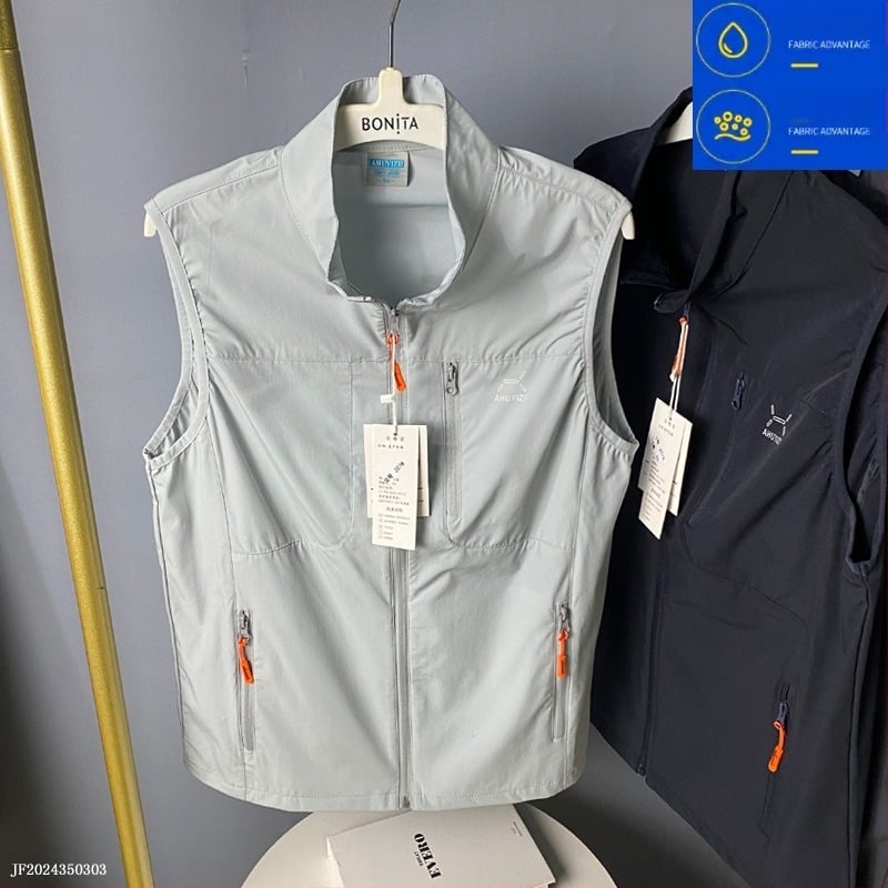 Férfi Slim-Fit kültéri sportmellény álló gallérral és cipzárral, vékony poliészter-keverék