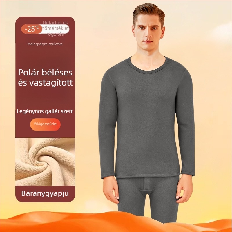 Férfiaknak készült vastag melegítő szett báránygyapjú plüss béléssel, alapréteg a melegítéshez, kerek nyakú felső és nadrág ősz-télre