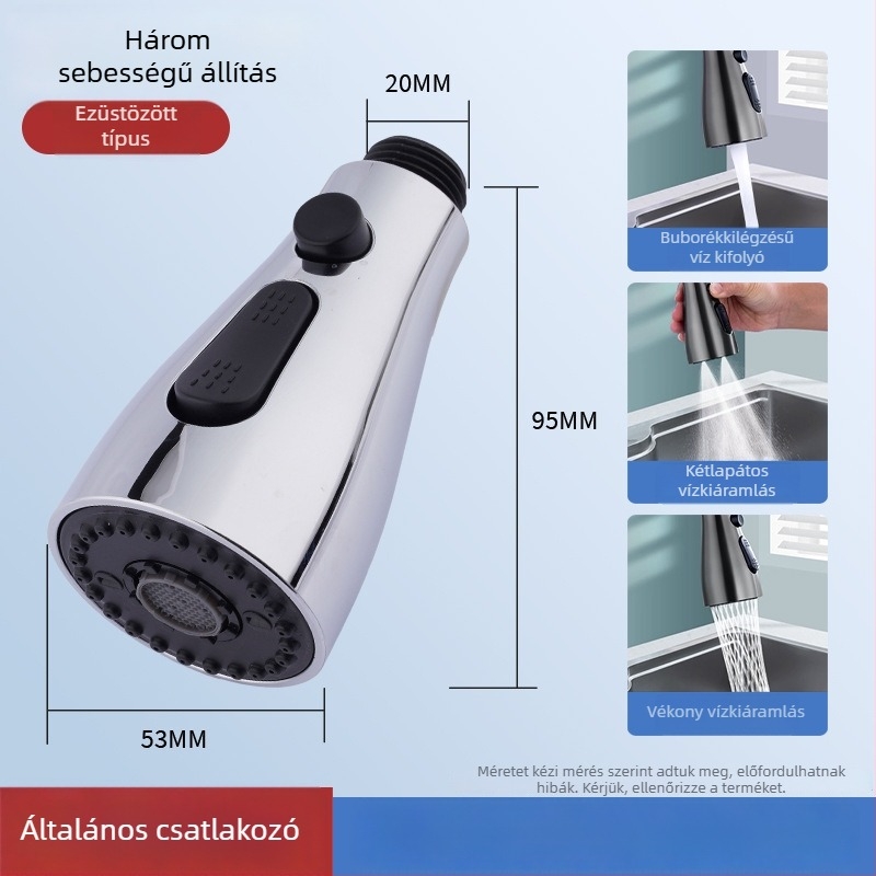 Konyhai csaptele lehúzható fejjel, univerzális teleszkópos, cseppmentes a mosogatóhoz (Modell 152; Anyag: ABS; Felületkezelés: Elektroplakolás; Szerelés típusa: Gombos típus; Stílus: Modern minimalistikus)