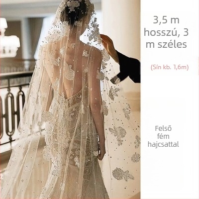 Menyasszonyi fátyol fejfedő virágos díszítéssel, textil anyagból, tündér-szél stílus, katedrális formájú design, testreszabható