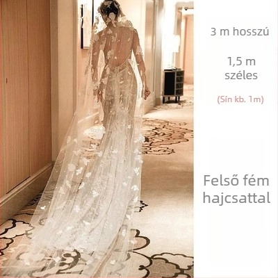Menyasszonyi fátyol fejfedő virágos díszítéssel, textil anyagból, tündér-szél stílus, katedrális formájú design, testreszabható