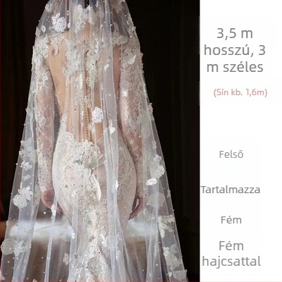 Menyasszonyi fátyol fejfedő virágos díszítéssel, textil anyagból, tündér-szél stílus, katedrális formájú design, testreszabható