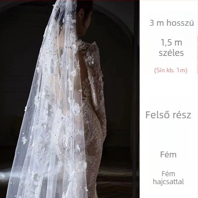 Menyasszonyi fátyol fejfedő virágos díszítéssel, textil anyagból, tündér-szél stílus, katedrális formájú design, testreszabható