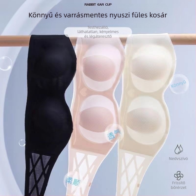 Női pánt nélküli, puha tartású melltartó, kosarai nyuszi-fül formájúak, csúszásmentes bandeau, ultra vékony, vezeték nélküli