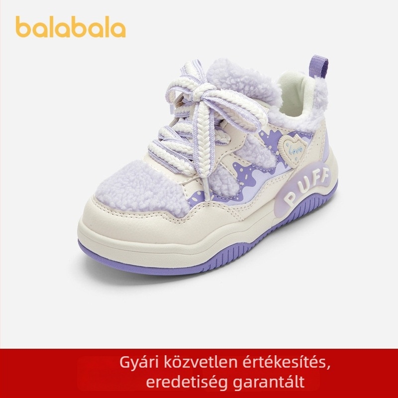 Balabala gyerekeknek készült lányos sportcipő, plüss belsővel, kényelmes őszi–téli casual cipő masni díszítéssel