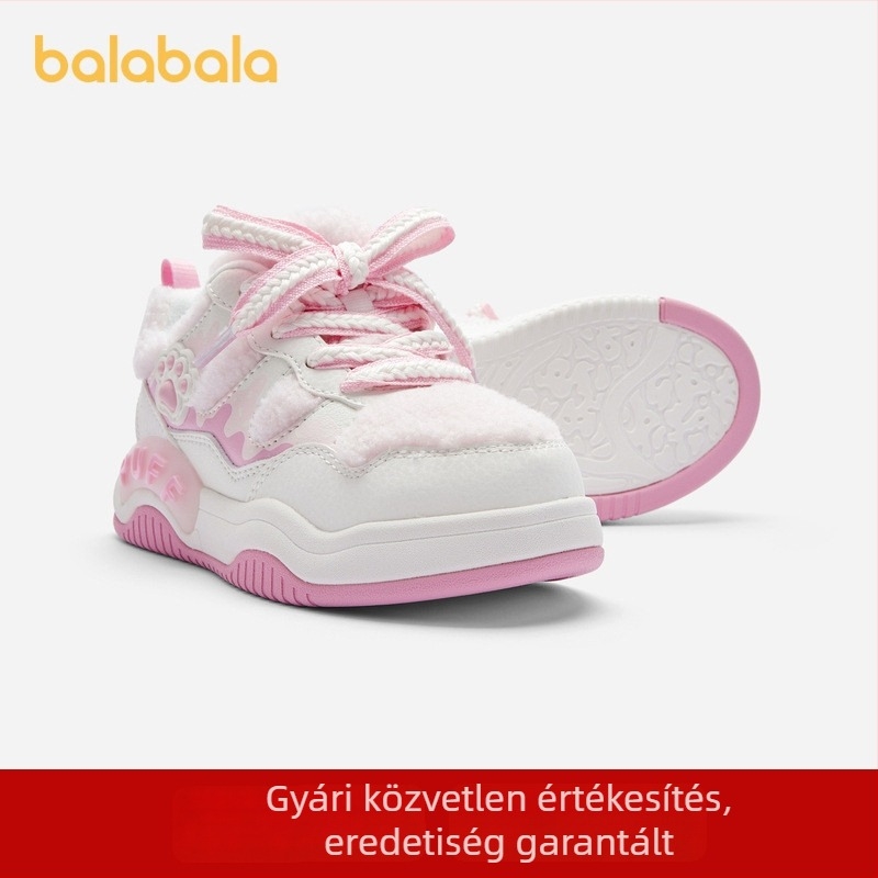 Balabala gyerekeknek készült lányos sportcipő, plüss belsővel, kényelmes őszi–téli casual cipő masni díszítéssel