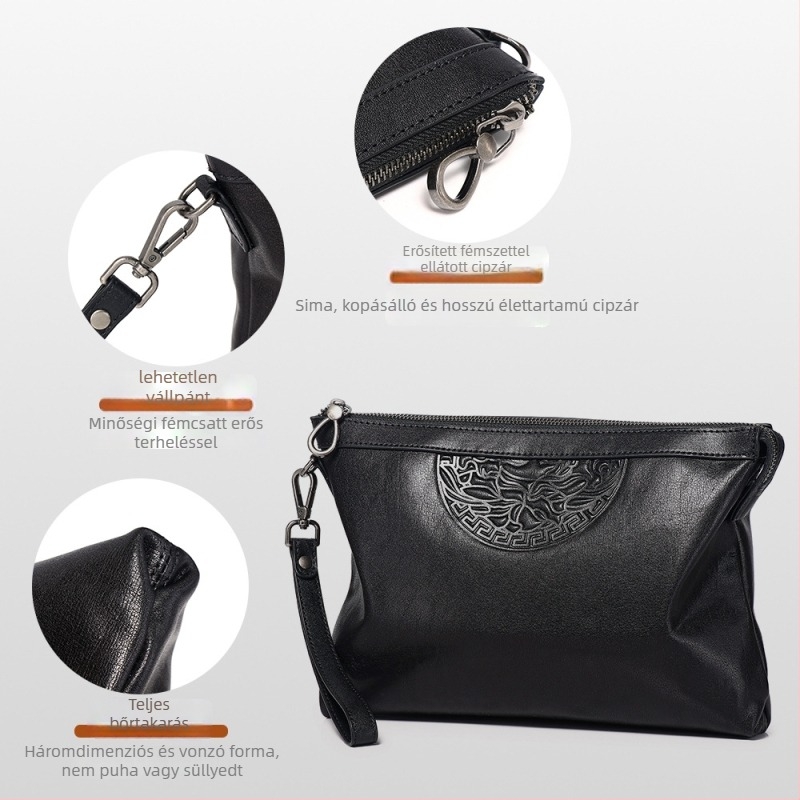 Férfi clutch táska, szabadidős utazási stílus, valódi bőr, ultra-könnyű, bélés: valódi bőr