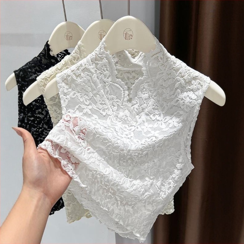 Nylon-selyem anyagú ujjatlan top V-nyakkal, virágos üreges csipkével, elegáns retró stílus