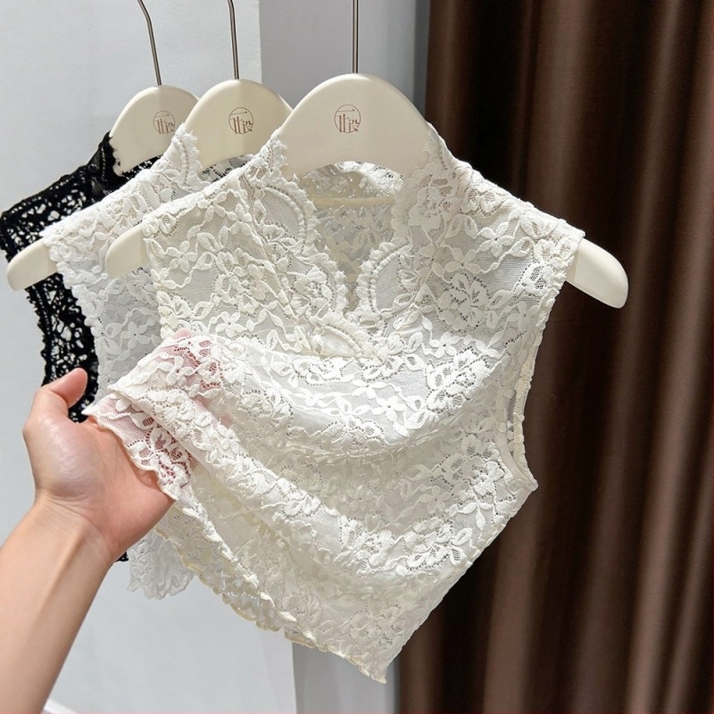 Nylon-selyem anyagú ujjatlan top V-nyakkal, virágos üreges csipkével, elegáns retró stílus