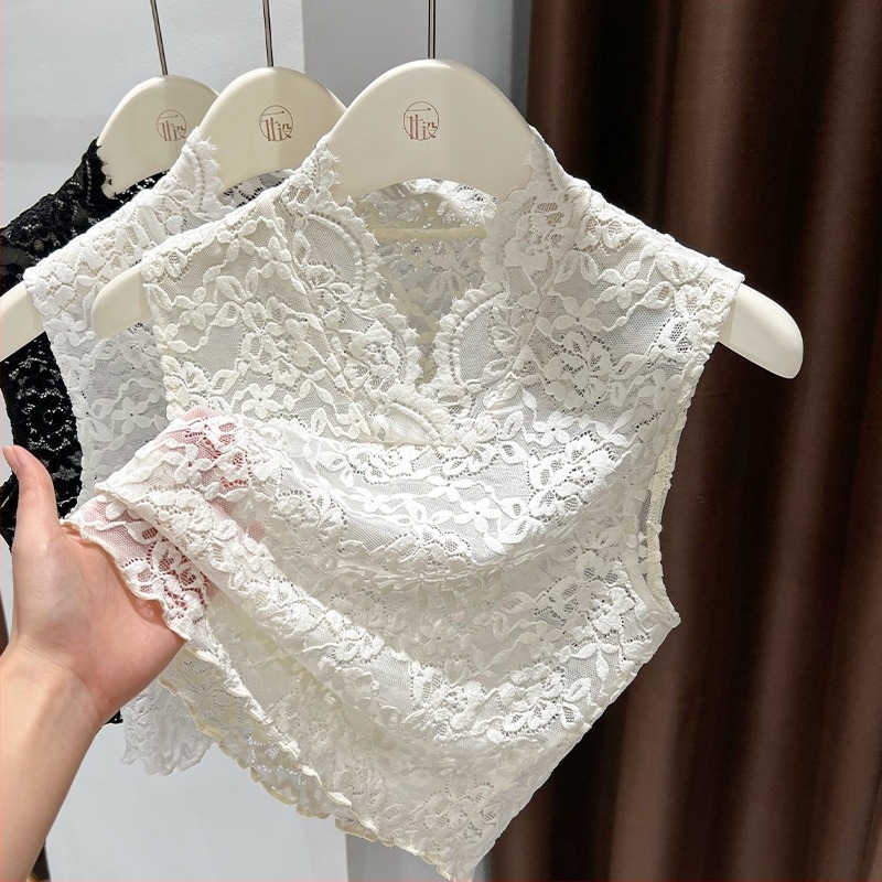 Nylon-selyem anyagú ujjatlan top V-nyakkal, virágos üreges csipkével, elegáns retró stílus