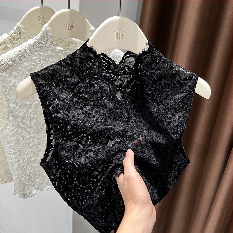 Nylon-selyem anyagú ujjatlan top V-nyakkal, virágos üreges csipkével, elegáns retró stílus
