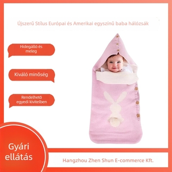 Baba hálózsák, kötött rajzfilm-stílusú, nyuszis gombos záródással, akril anyagból, súly 1 kg alatt, 98%-os összetétel, testreszabás elérhető