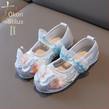 Hanfu-stílusú gyerekcipő, pamut felsőrész, textil belső talp, gumi talp, elöl fűzővel záródó, etnikai tánc cipő lányoknak 1–16 éveseknek