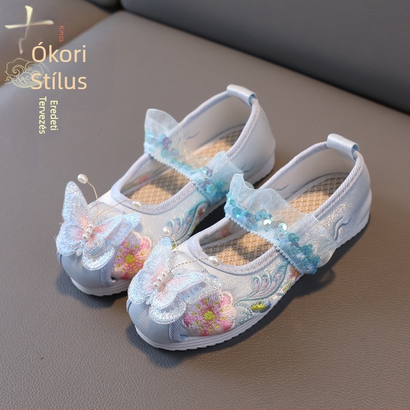 Hanfu-stílusú gyerekcipő, pamut felsőrész, textil belső talp, gumi talp, elöl fűzővel záródó, etnikai tánc cipő lányoknak 1–16 éveseknek